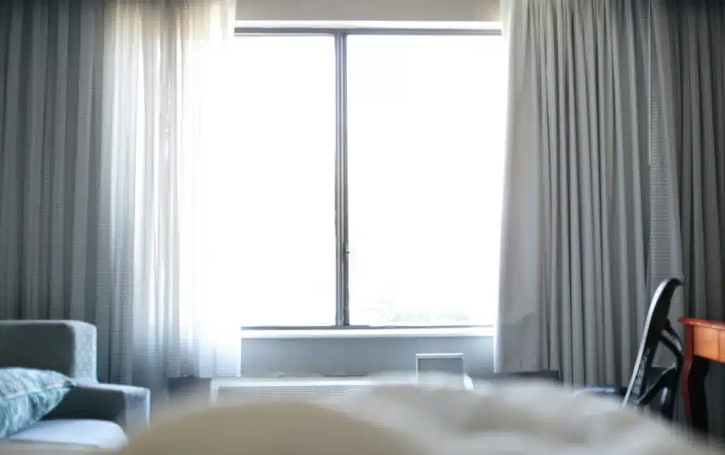 Auf dem Bild ist ein aufgeräumtes Hotelzimmer zu sehen. Das Licht durchflutet das Hotelzimmer.